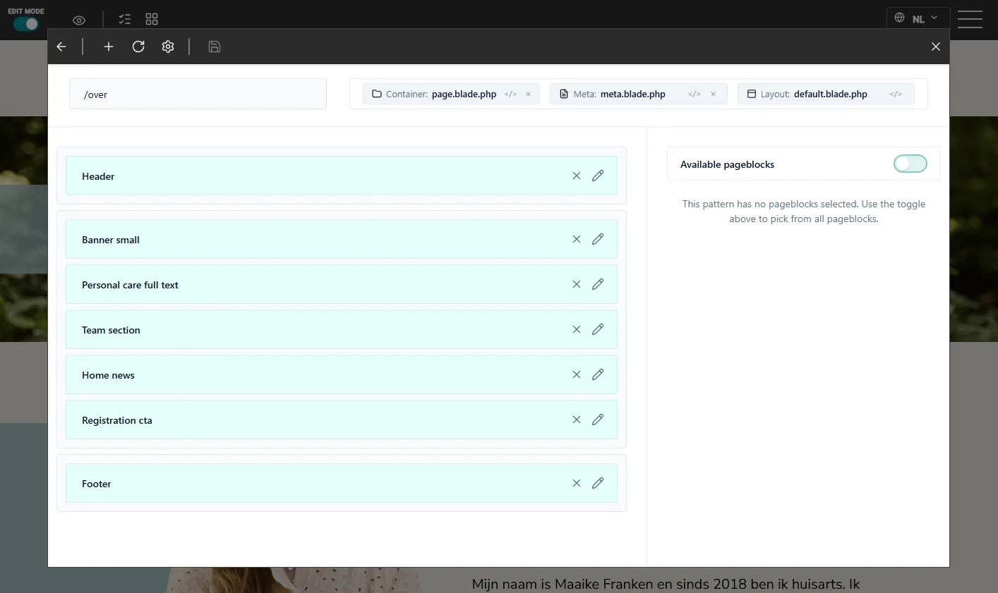 Het blokkenoverzicht van een pagina: header, banner, tekst, team, nieuws, call-to-action en footer.