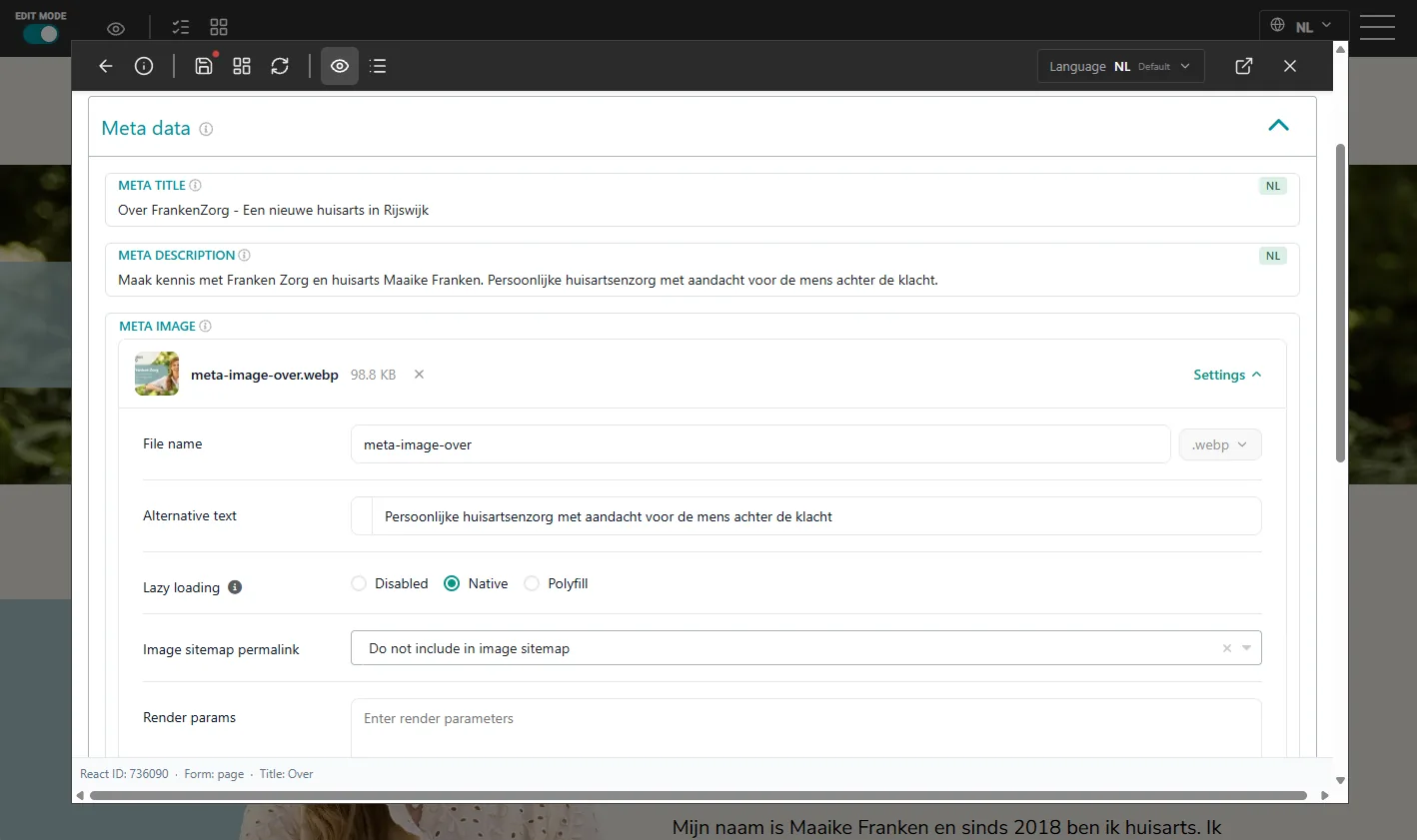 Metadata in Exolog per taal, met de taalkeuze NL bovenin.