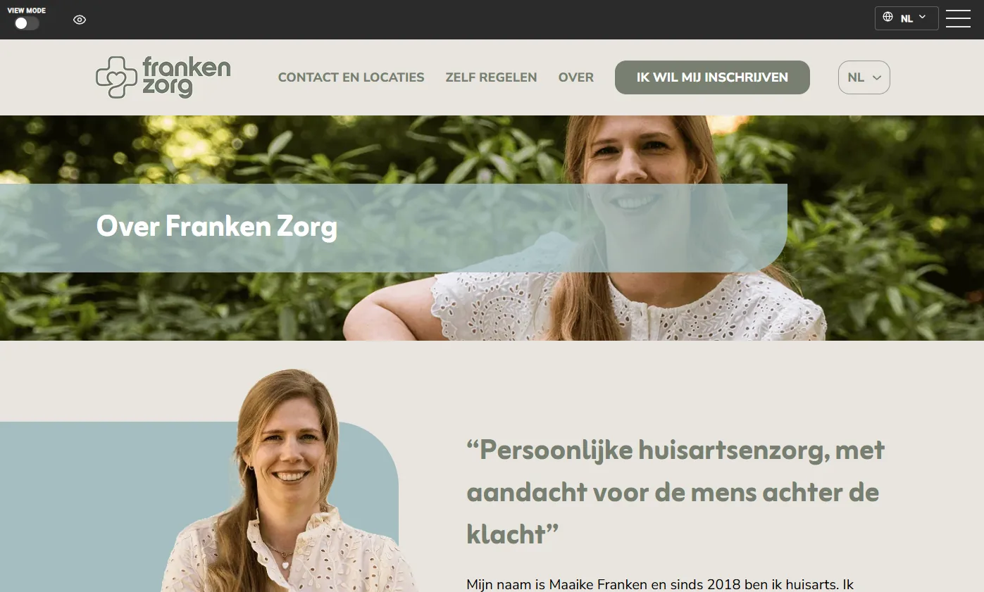 Franken Zorg: Website van een huisartsenpraktijk, beheerd via frontend editing.